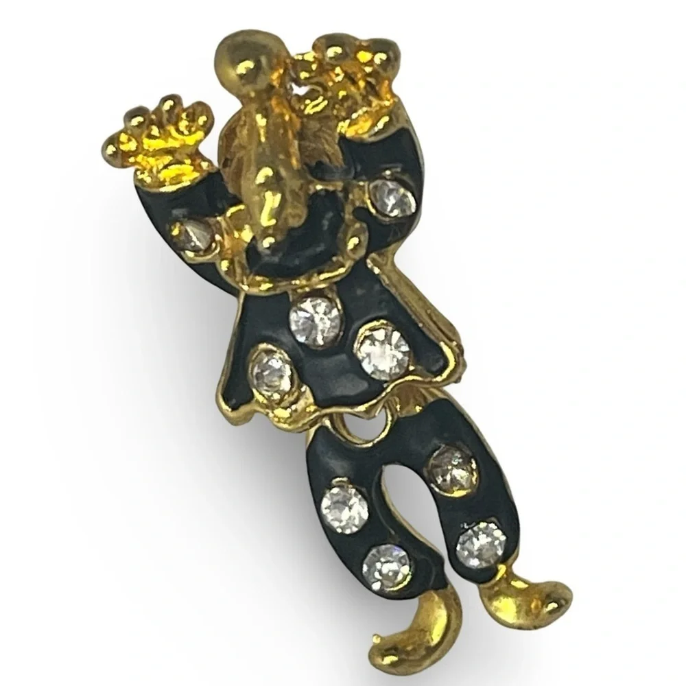 Vintage Black Enamel Crystal Accent Gold Clown Articulated Pin